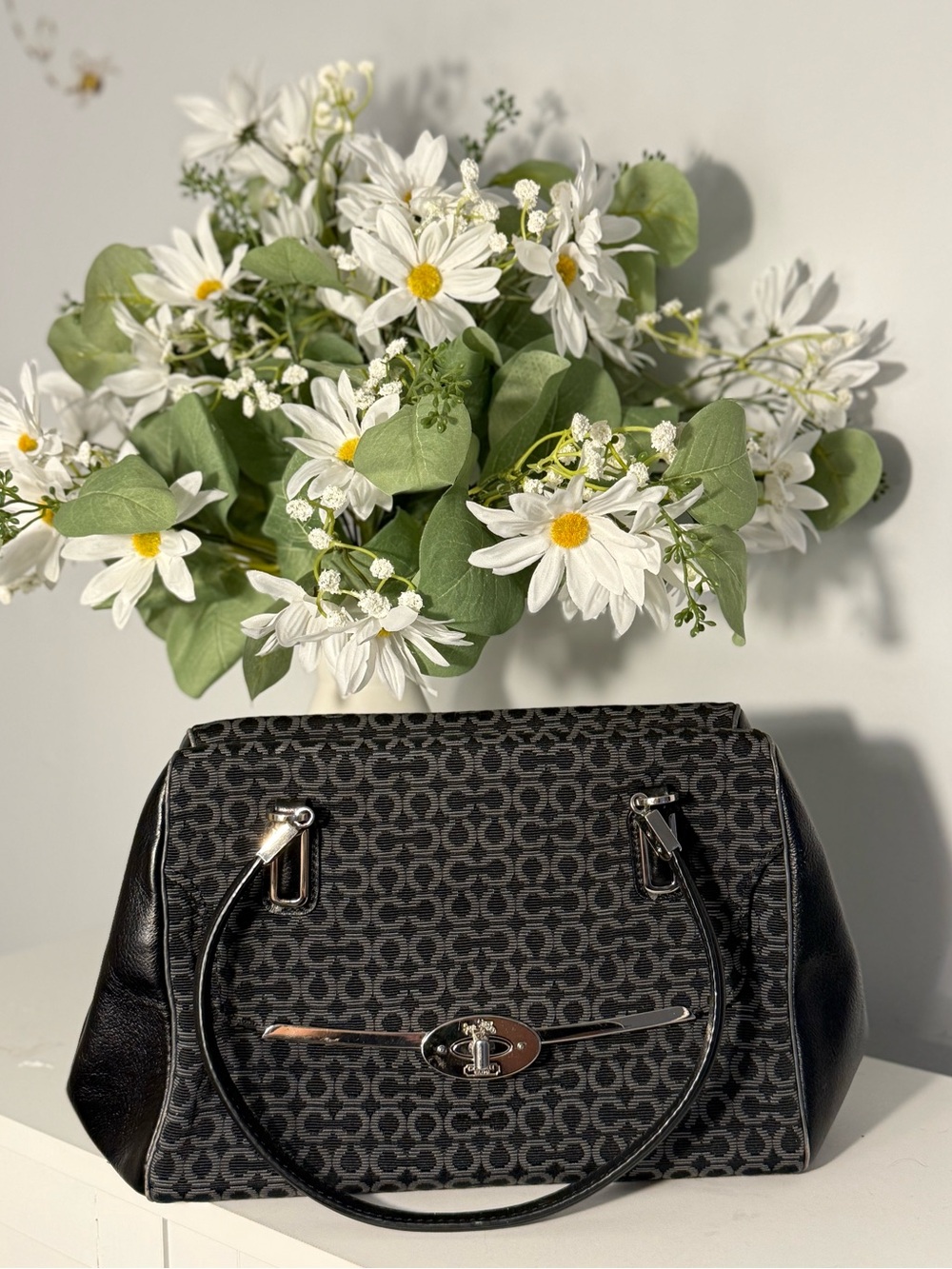 Coach Signature Turnlock Satchel Shoulder Bag Black Gray Jacquard Leather 2013